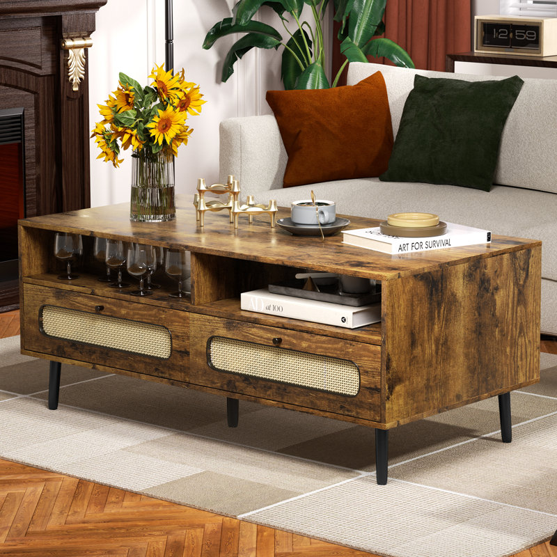 17 Stories Coffee Table Mid Century Modern Coffee Table With 2 Open Shelves And 2 Storage Cabinets For Living Room Wayfair